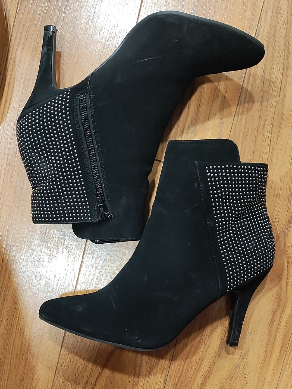 Black Studded Suede-Look Ankle Booties